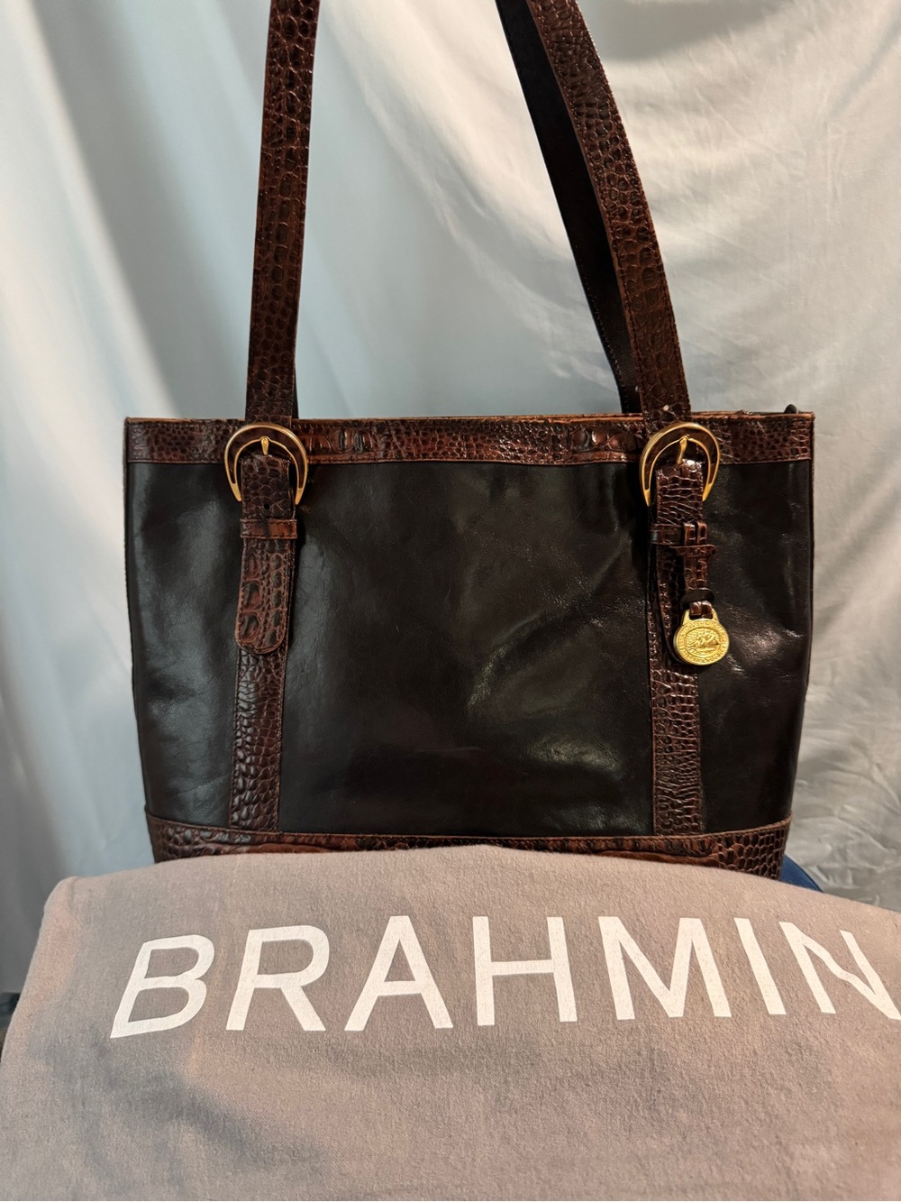 Brahmin Tuscan Collection Tote Shoulder Bag Black Leather Brown Croc Embossed